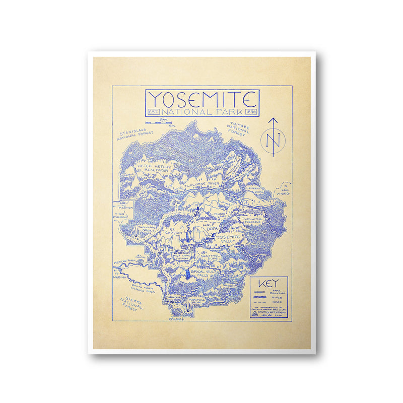 Yosemite National Park Map | Hand Drawn Print | CryptoCartography Poster