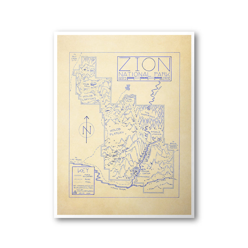 Zion National Park Map | Hand Drawn Print | CryptoCartography Poster